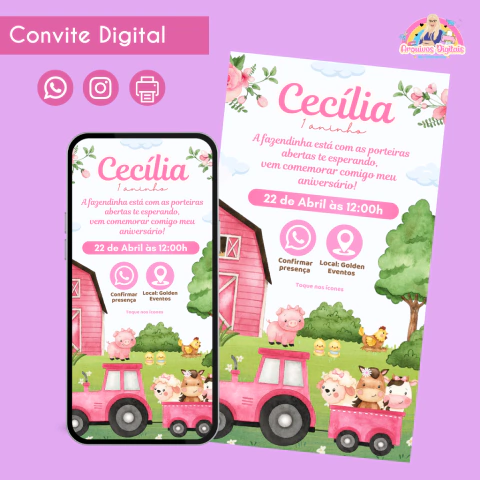 Convite digital infantil tema fazendinha em tons de rosa, com ilustrações de animais da fazenda em trator e texto personalizado para aniversário 