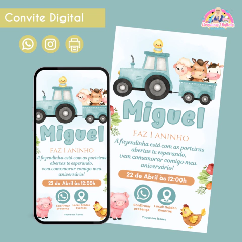 Convite digital infantil tema fazendinha azul com trator, animais da fazenda e informações para festa de aniversário 