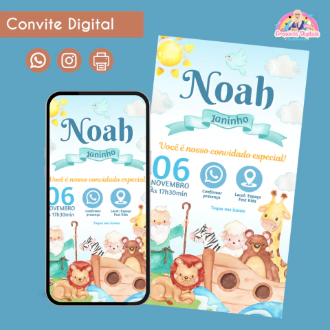 Convite digital personalizado para aniversário de 1 ano com tema Arca de Noé, apresentando ilustrações aquareladas do sol, nuvens, animais da arca e um personagem bíblico, com informações de data, horário e local do evento.