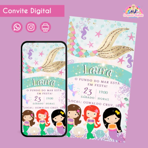 Convite digital personalizado com tema sereias para festa infantil, com ilustrações de três sereias coloridas e detalhes marítimos em tons pastel