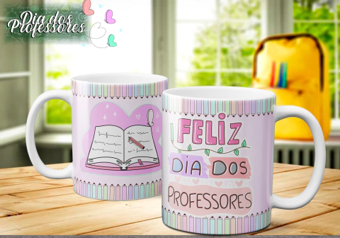 Caneca temática para o Dia dos Professores, com ilustrações de um livro e uma caneta, em tons de rosa e detalhes coloridos.