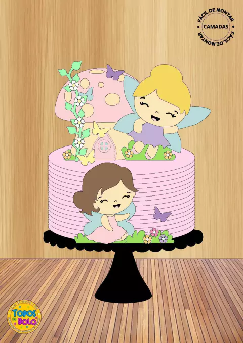 Topo de bolo com duas fadas sorridentes em um bolo rosa, decorado com flores e borboletas.