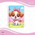 Capa de caderno A5 com ilustração de um cachorro fofo usando um laço rosa em um fundo colorido.