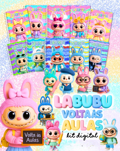 Kit Escolar Labubu com capas e etiquetas digitais em PNG e PDF para imprimir
