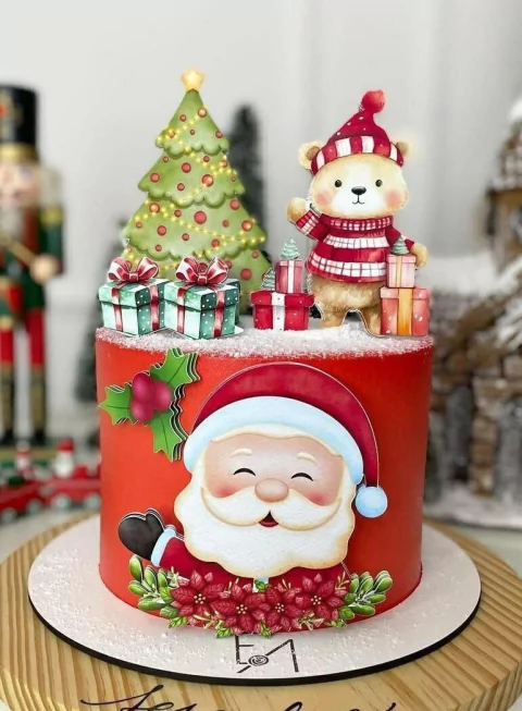 Topo de bolo decorado para o Natal com Papai Noel, árvore de Natal e ursos de pelúcia