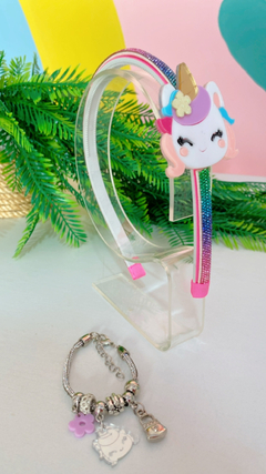 Kit tiara strass unicórnio/ pulseira