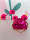 Kit bolsa/ tiara Pompom pink metalizada
