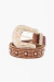 Cinto feminino country em PU ajustável com aplicações de strass e fivela arredondada em metal zamak trabalhado.