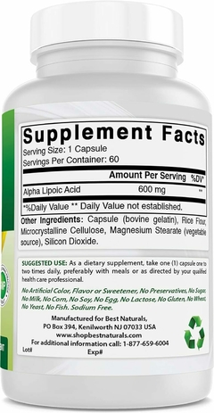 Acido Alpha Lipoico 600 Mg X 60 Cápsulas - Best Naturals USA en internet