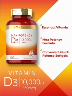Vitamina D3 250 Mcg (10000 Iu) X 400 Softgels | Carlyle USA - HealthCabin Suplementos Argentina