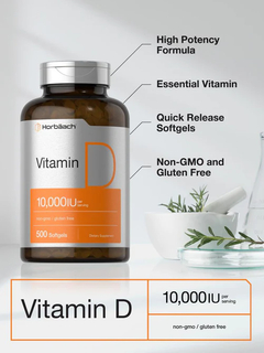 Vitamina D3 250 Mcg (10000 Iu) X 500 Softgels | Horbaach USA en internet