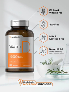 Vitamina D3 250 Mcg (10000 Iu) X 500 Softgels | Horbaach USA - HealthCabin Suplementos Argentina