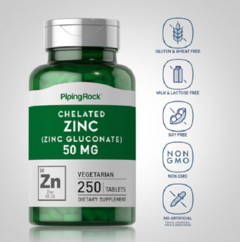 Chelated Zinc (Zinc Gluconate) 50mg x 250 Tabletas - Piping Rock - comprar online