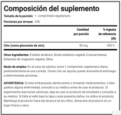 Chelated Zinc (Zinc Gluconate) 50mg x 250 Tabletas - Piping Rock - HealthCabin Suplementos Argentina