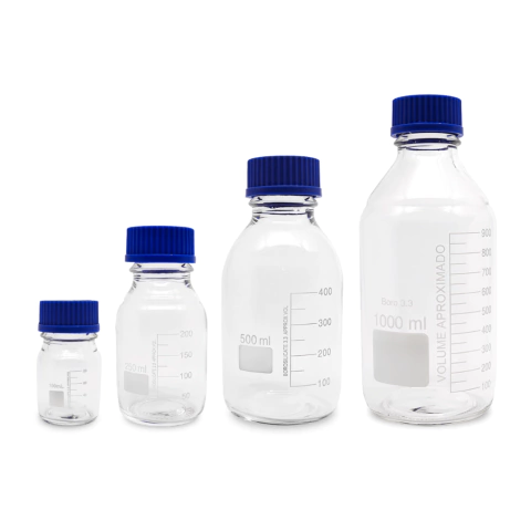 Frasco Reagente Vidro Boro 3.3 Graduado com Tampa Rosca Antigotas Azul