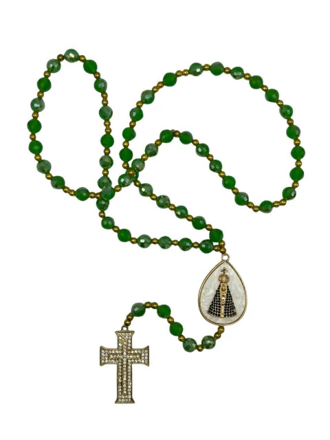 Terço de Noiva de Nossa Senhora Aparecida Semi Cristal Verde Crucifixo Strass