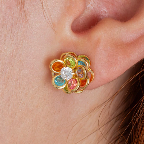 Brinco Flor Pedras Coloridas Semijoia - comprar online