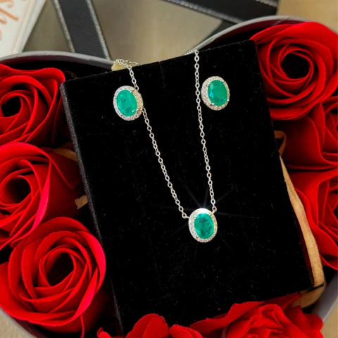 Conjunto Zircônia Turquesa Oval Prata 925