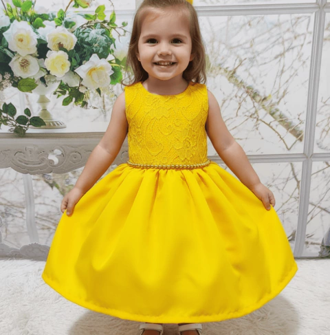 Vestido de festa amarelo com perola na cintura - comprar online
