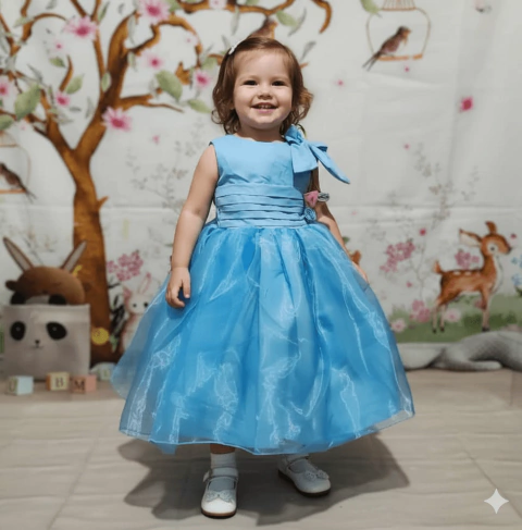 Vestido de festa organza rosas no ombro azul - comprar online