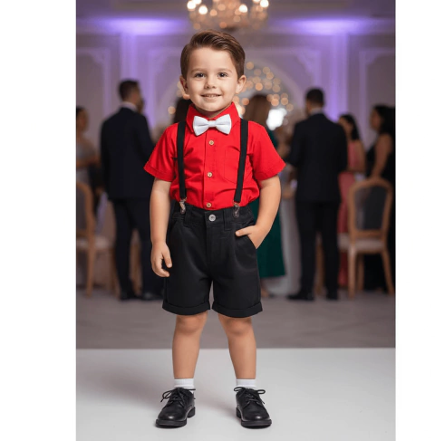 Conjunto social bermuda preta camisa vermelha