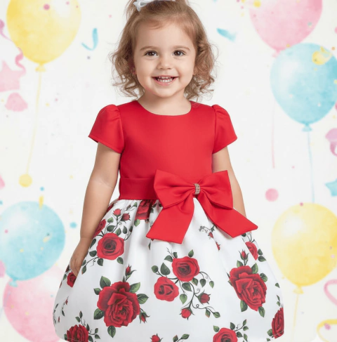Vestido de festa flores vermelha com manga - comprar online