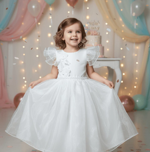 Vestido de festa organza Branco babado ombro - comprar online