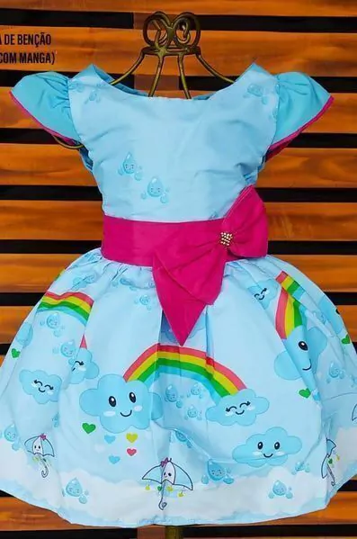 Vestido Chuva de benção azul laço rosa