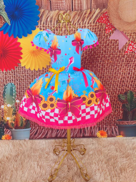 Vestido infantil modelo junino azul laço - comprar online