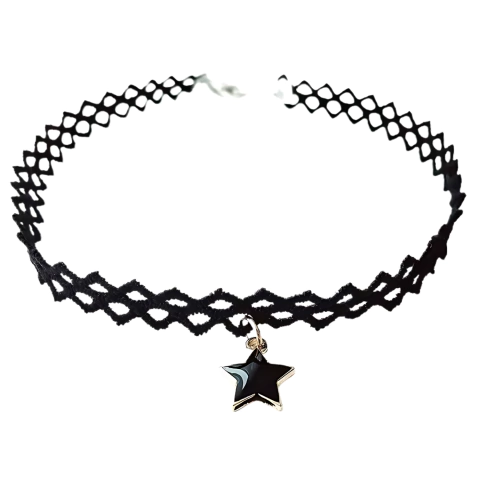 Choker Rendada Preta com Pingente de Estrela Prateada Boho, Retrô e Estilosa