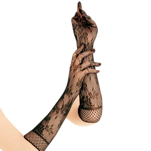 Par de Luvas Pretas Estilo Diva Misteriosa – Renda com Punho Floral - comprar online