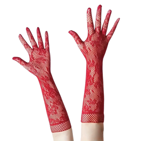 Par de Luvas Vermelhas Renda Jacquard com Punho Floral