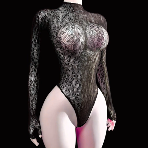 Body de Manga Longa com Gola Alta e Transparência – Floral Estiloso