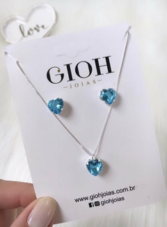 Conjunto de Coração com Zircônia Azul em Prata 925