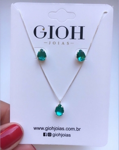 Conjunto Gota Zircônia Verde-mar em Prata 925