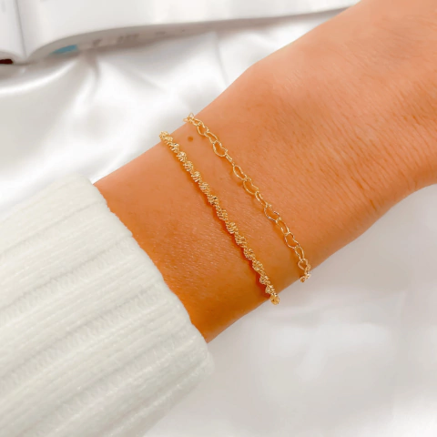 Pulseira Dupla Coração e Torcidinha Banhada a Ouro 18K