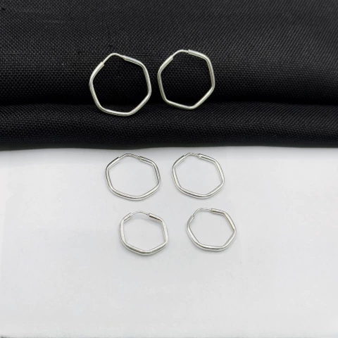 Trio De Argolas Hexágono Fio Redondo Em Prata 925