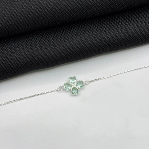 Pulseira trevo verde aqua em prata 925