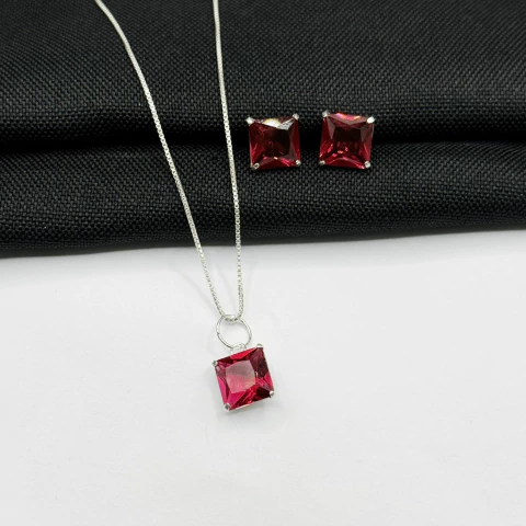 Conjunto Quadrado Pink em Prata 925