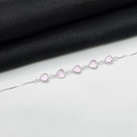 Pulseira veneziana zircônia corações rosa em prata 925