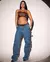 CALÇA JEANS WIDE LEG FEMININA CINTURA ALTA CARPINTEIRO COM BOLSOS CARGO