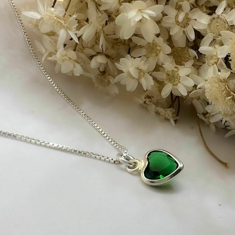 Corrente Com Pingente Coração Verde Prata 925