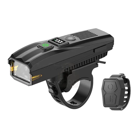 Farol de bicicleta preto com buzina USB e controle remoto sem fio, medidor digital e suporte para guidão