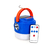 Lampião LED azul com alça laranja, controle remoto branco com botões coloridos, recarregável via USB e solar