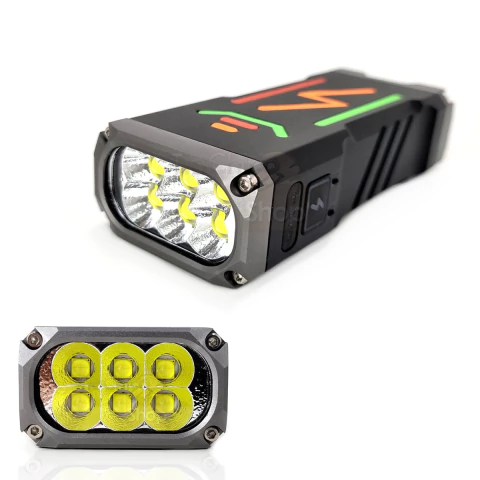 Lanterna tática com 6 LEDs P50, corpo preto e detalhes coloridos, mostrando a parte frontal e traseira.