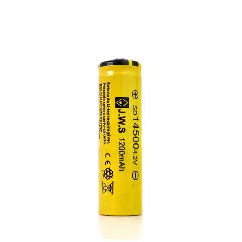 Bateria 14500 JWS de 1200mAh para lanterna tática, com corpo amarelo e informações impressas.
