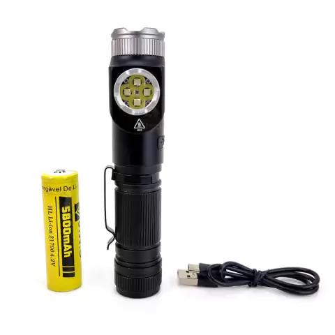 Lanterna tática LED V9 com bateria 21700, ideal para atividades ao ar livre.