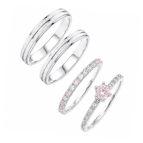 Par de Alianças de Namoro de Prata 950 Amaré 3mm, Meia Aliança Jasmine e Solitário Bella Rosa