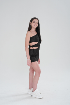 VESTIDO CON LAZO EN CINBTURA CREPP CON LUREX - comprar online