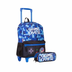 Kit Mochila de Rodinha e Estojo Game Over Azul - Sestini